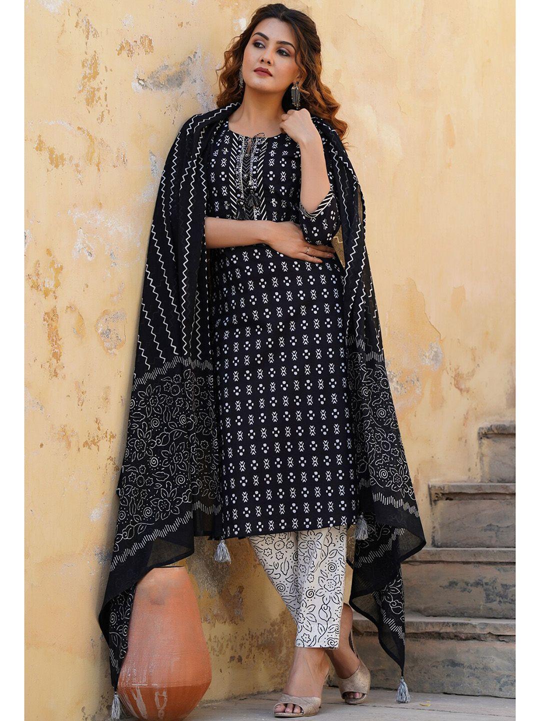 piroh women black ethnic motifs printed kurta with trousers &  dupatta