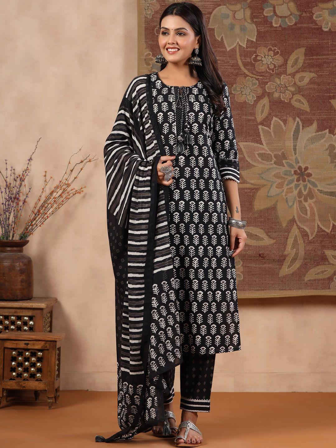 piroh women black ethnic motifs printed regular pure cotton kurta with trousers & with dupatta