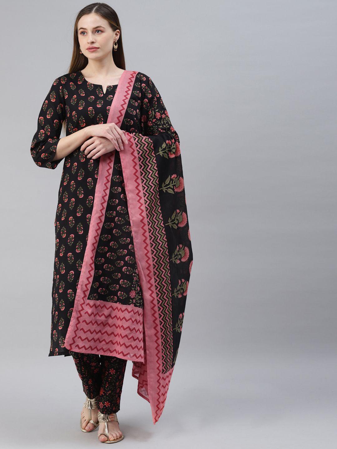 piroh women black floral printed regular pure cotton kurta with trousers & with dupatta