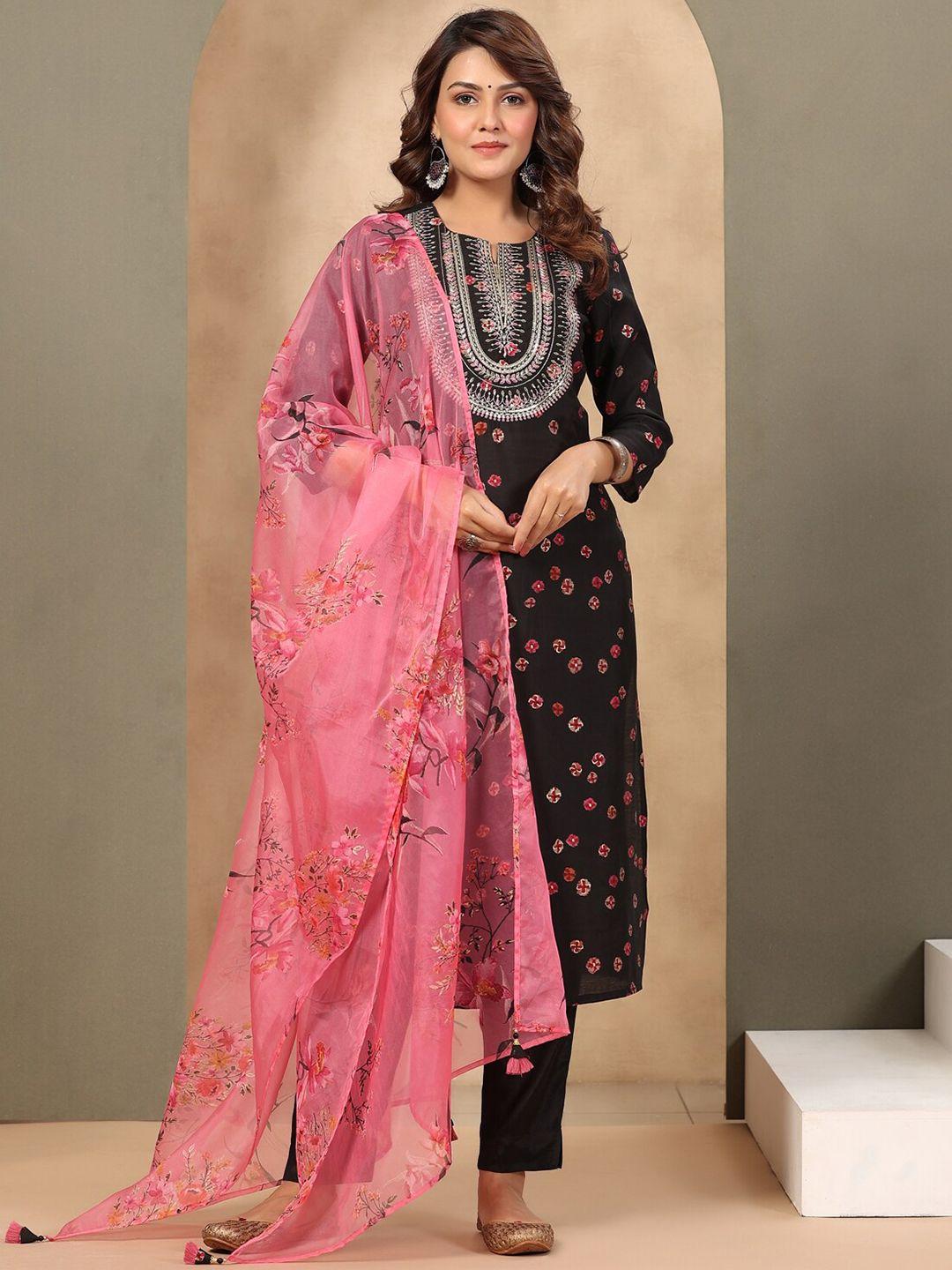 piroh women black floral pure cotton kurta with trousers & dupatta