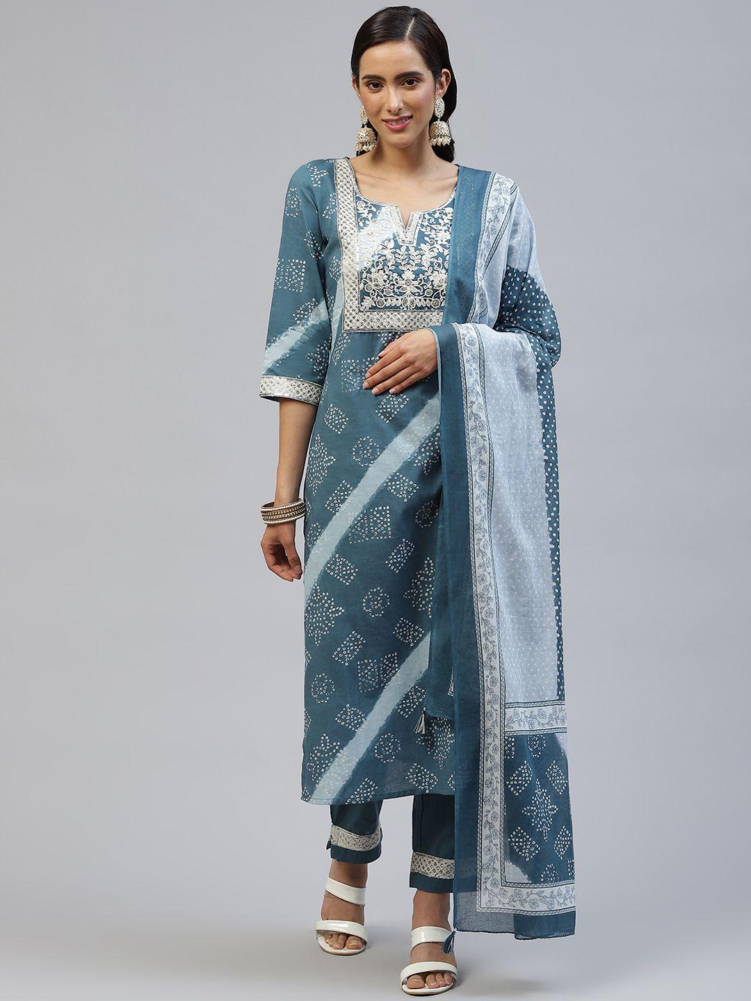 piroh women blue & white bhandej print pure cotton kurta with trousers & dupatta