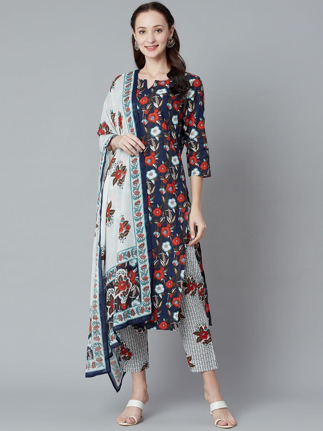 piroh women blue floral printed regular pure cotton kurta with trousers & with dupatta