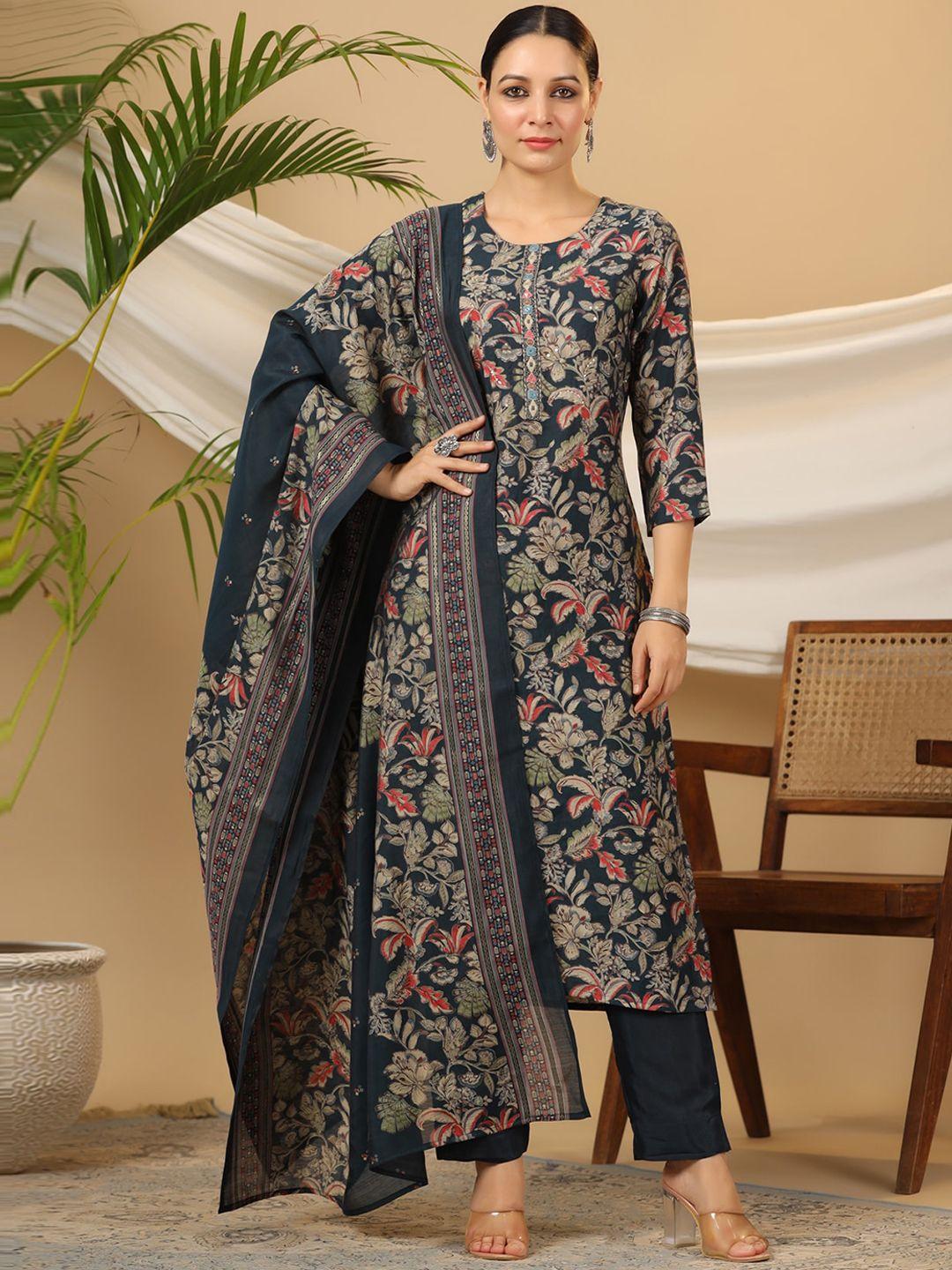 piroh women blue printed kurta with trousers & with dupatta