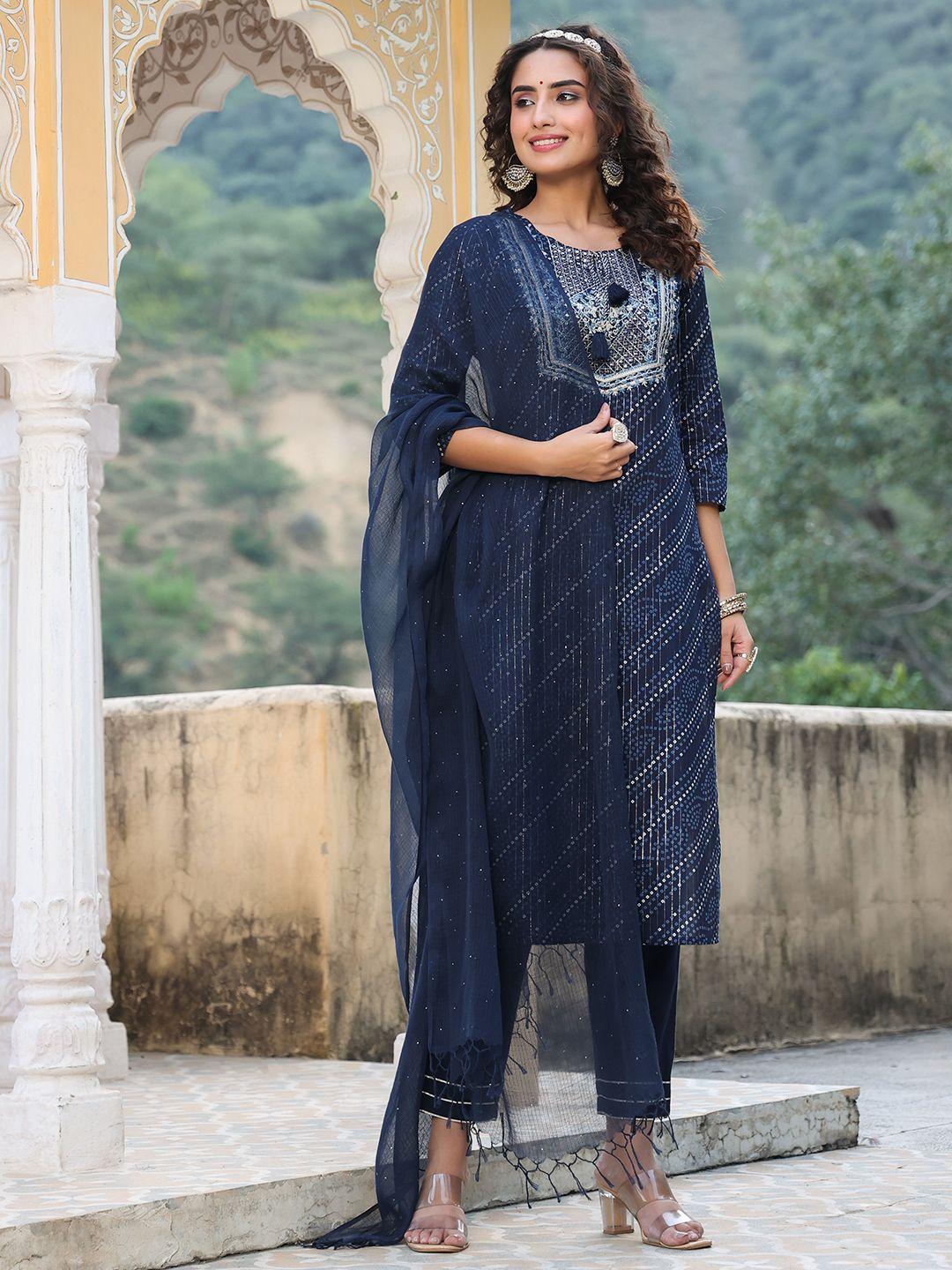 piroh women blue printed thread work pure cotton kurta with trousers & dupatta