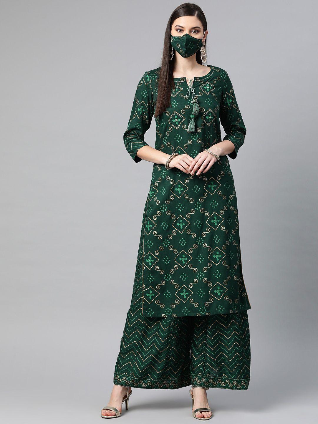 piroh women green  golden bandhani printed kurta with palazzos