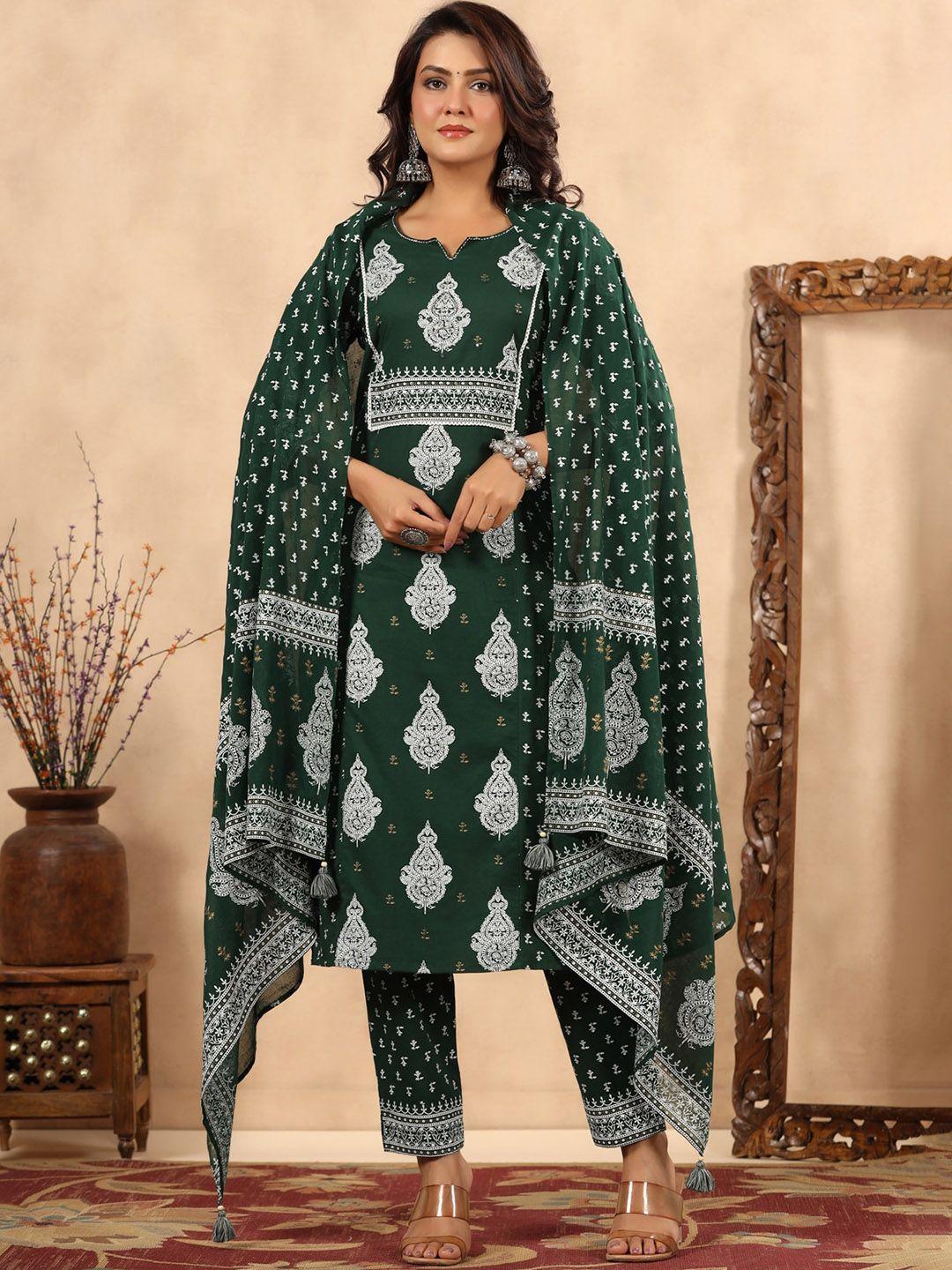 piroh women green ethnic motifs printed panelled mirror work pure cotton kurta with trousers & with dupatta