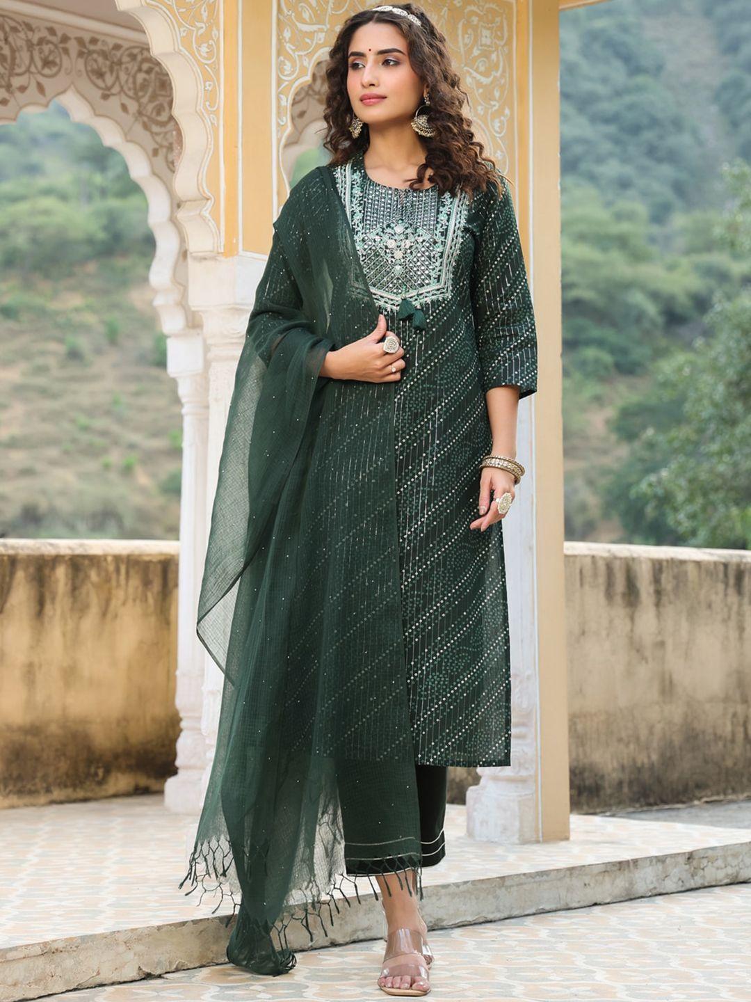 piroh women green ethnic motifs printed thread work pure cotton kurta &trouser & dupatta