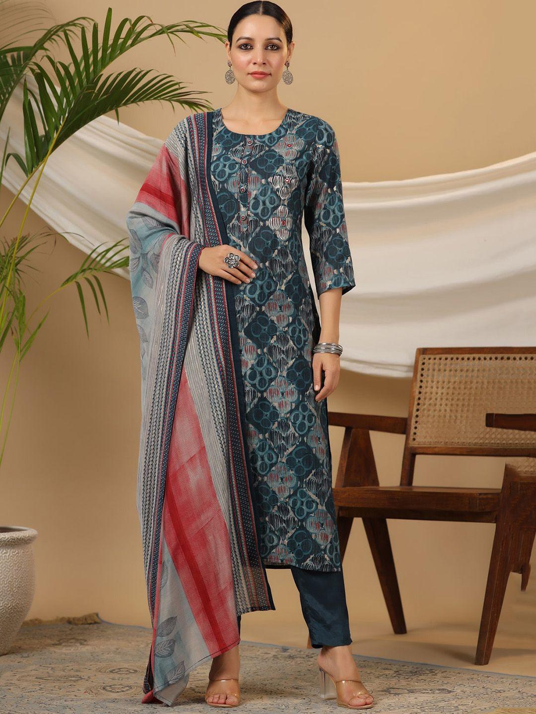 piroh women green printed kurta with trousers & with dupatta