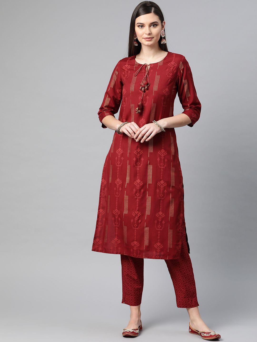 piroh women maroon & golden printed kurta with trousers