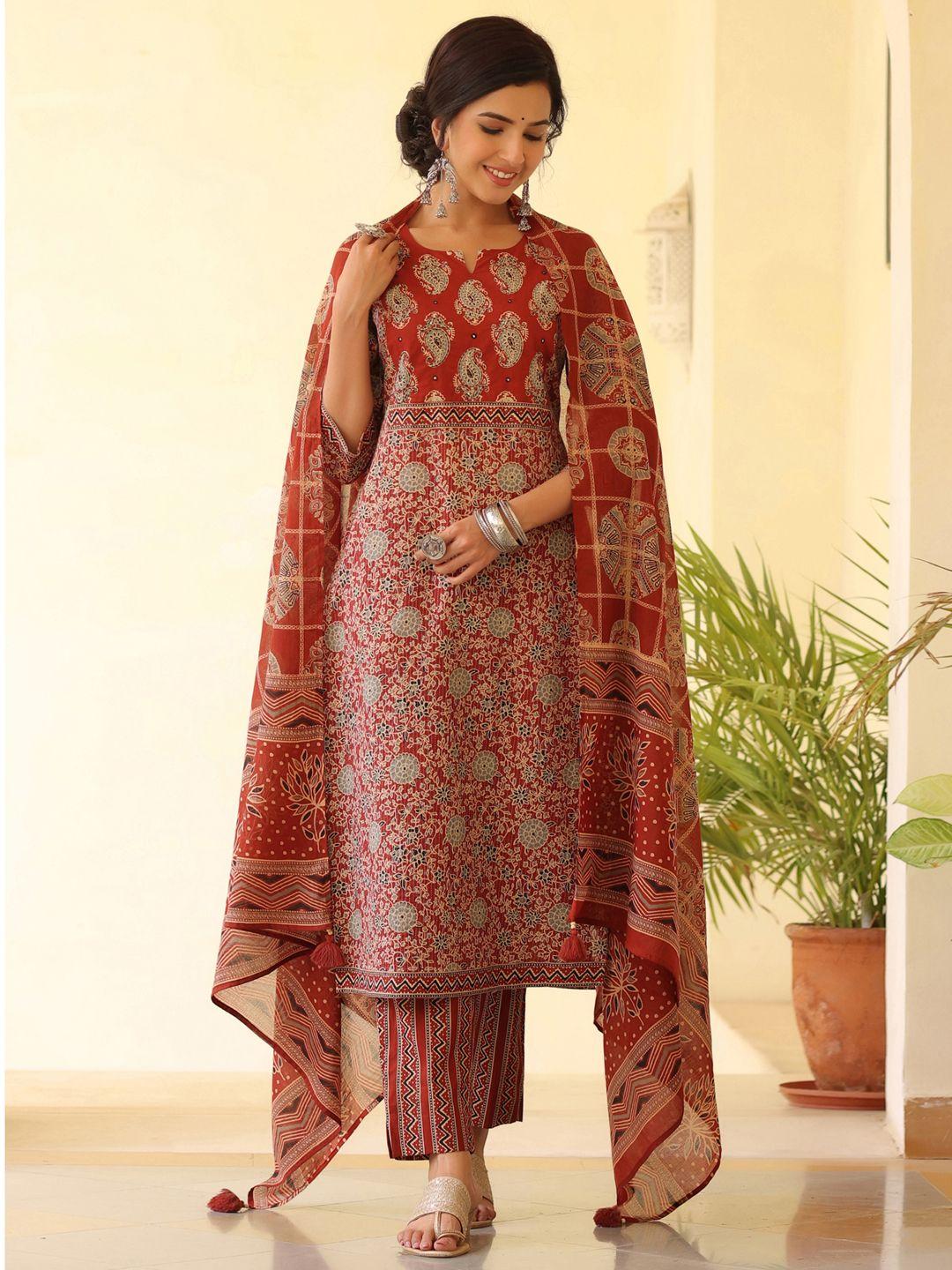 piroh women maroon floral printed kurta with trousers & dupatta