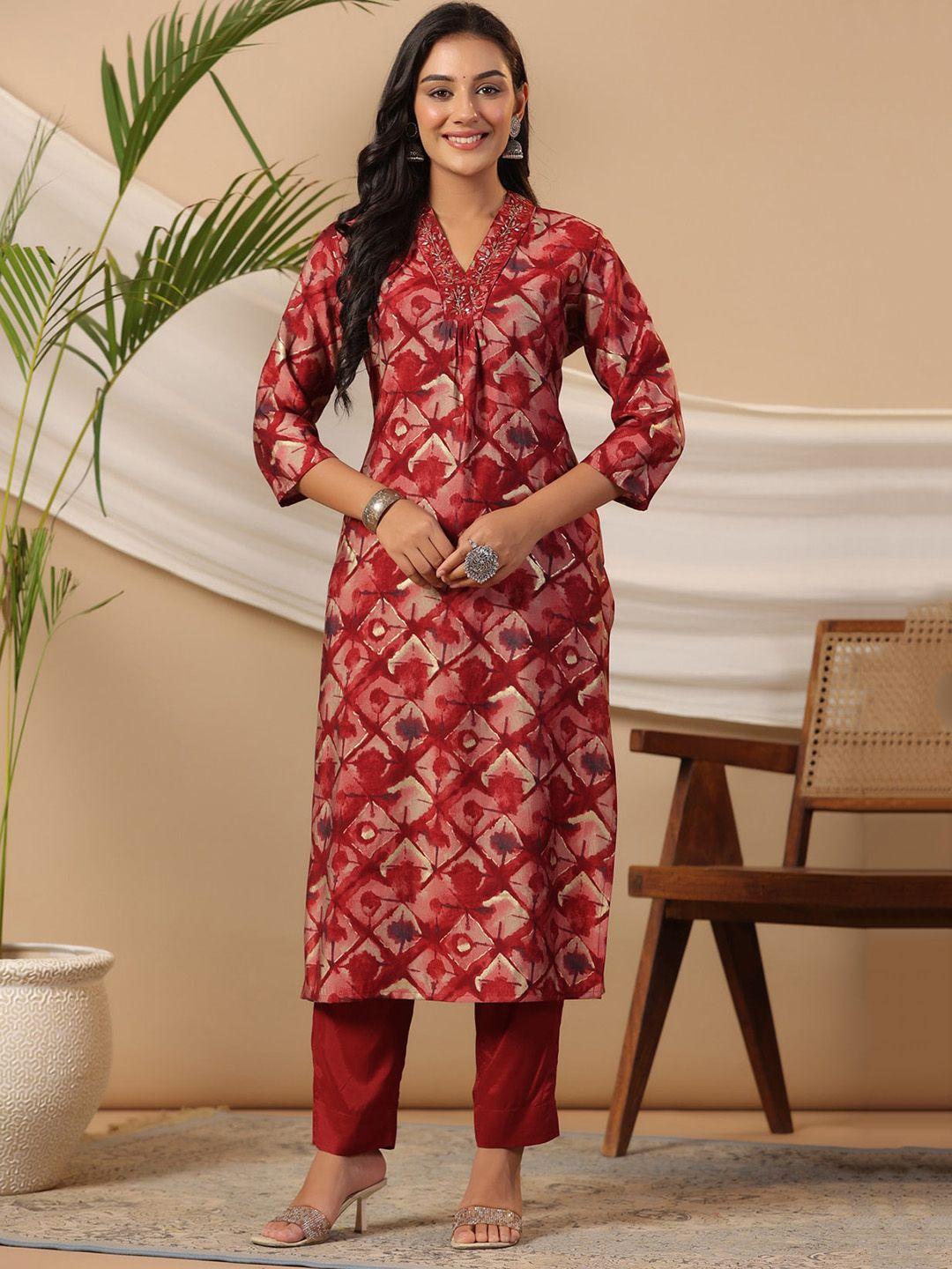 piroh women maroon printed kurta with trousers & with dupatta