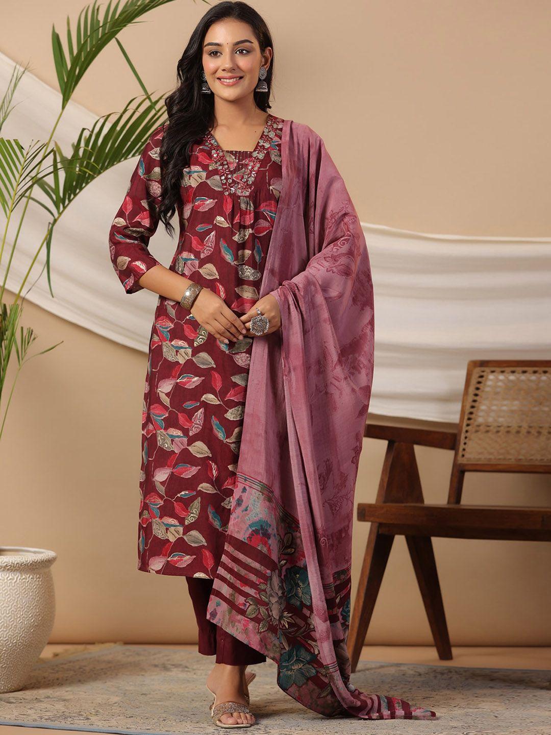 piroh women maroon printed kurta with trousers & with dupatta