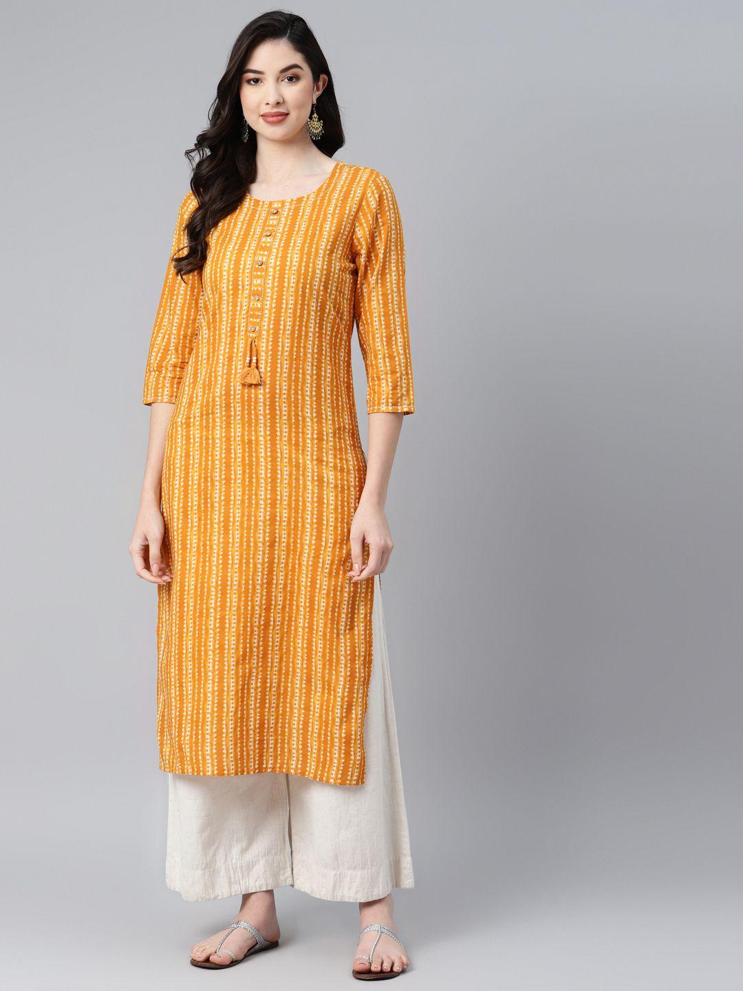 piroh women mustard yellow & white bandhani printed pure cotton kurta
