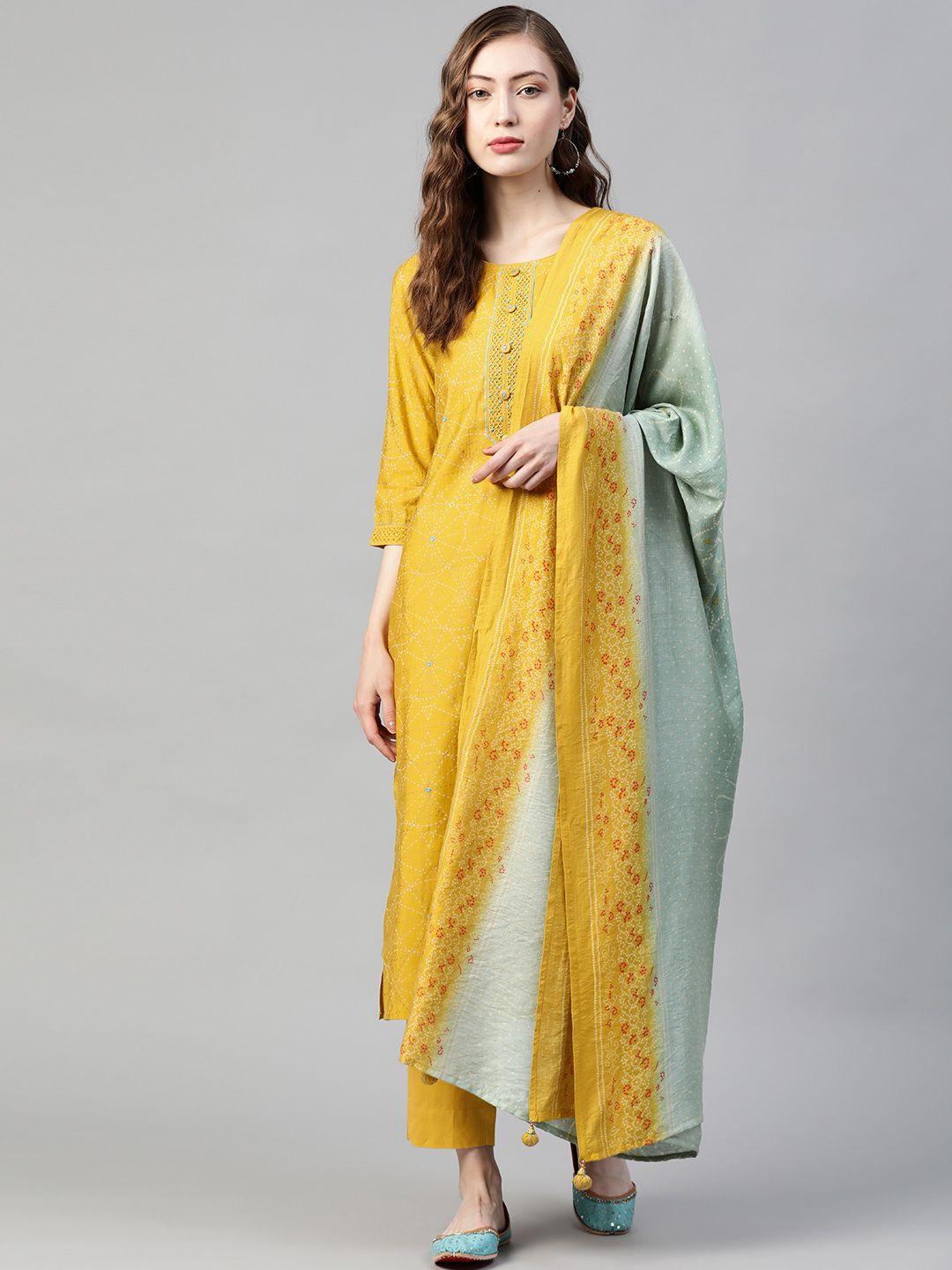 piroh women mustard yellow ethnic motifs printed kurta with trousers & with