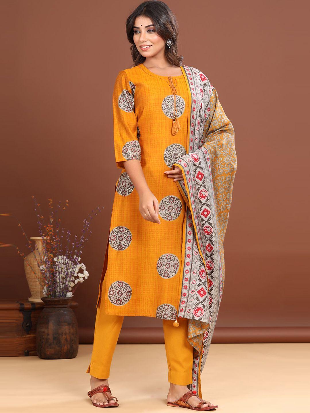 piroh women mustard yellow ethnic motifs printed pure cotton kurta with trousers & with dupatta