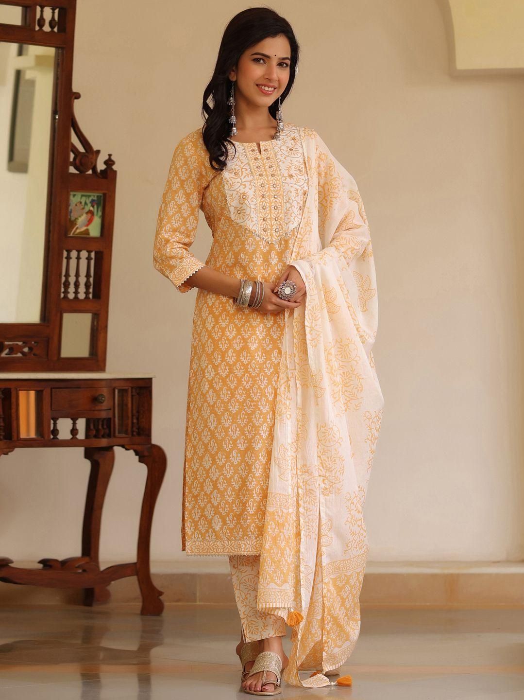 piroh women mustard yellow floral printed kurta with trousers & dupatta