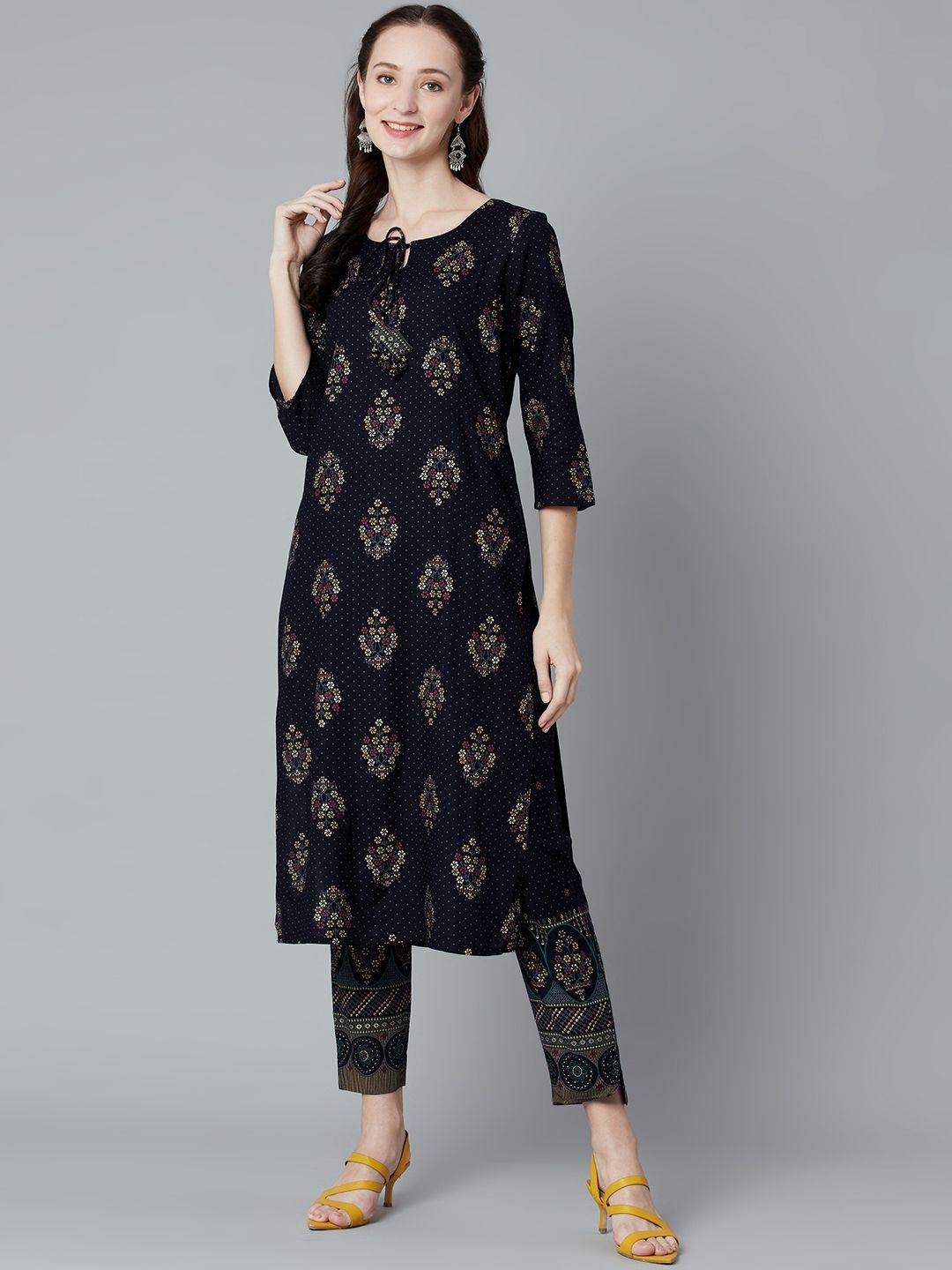 piroh women navy blue ethnic motifs printed regular kurta with trousers