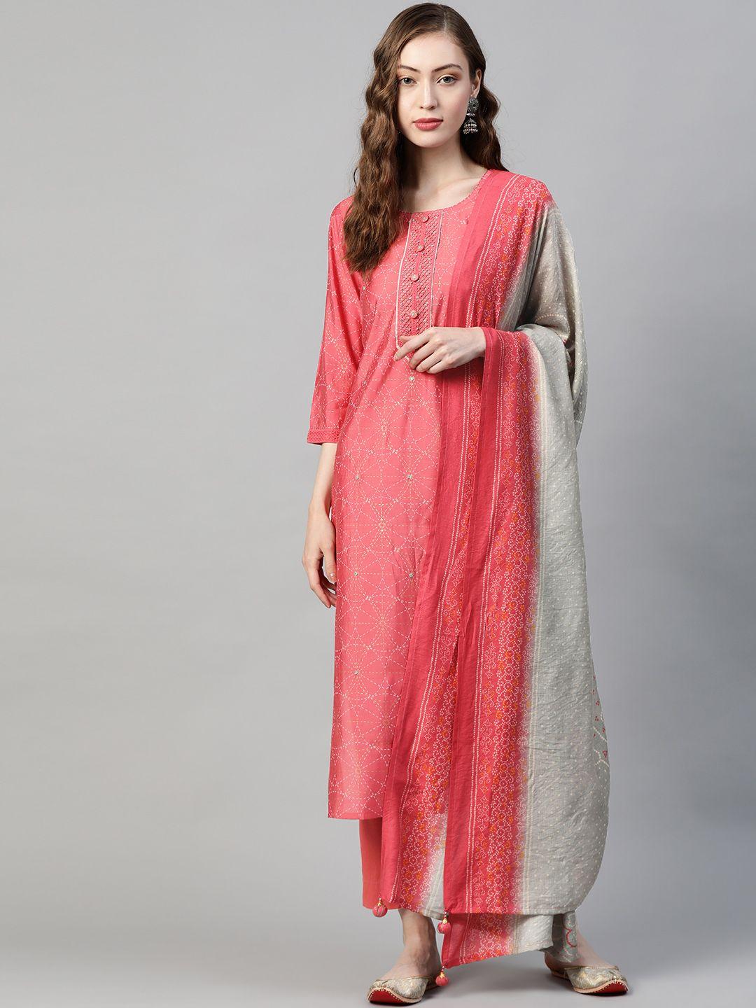 piroh women pink & grey ethnic motifs printed thread work kurta with trousers & dupatta