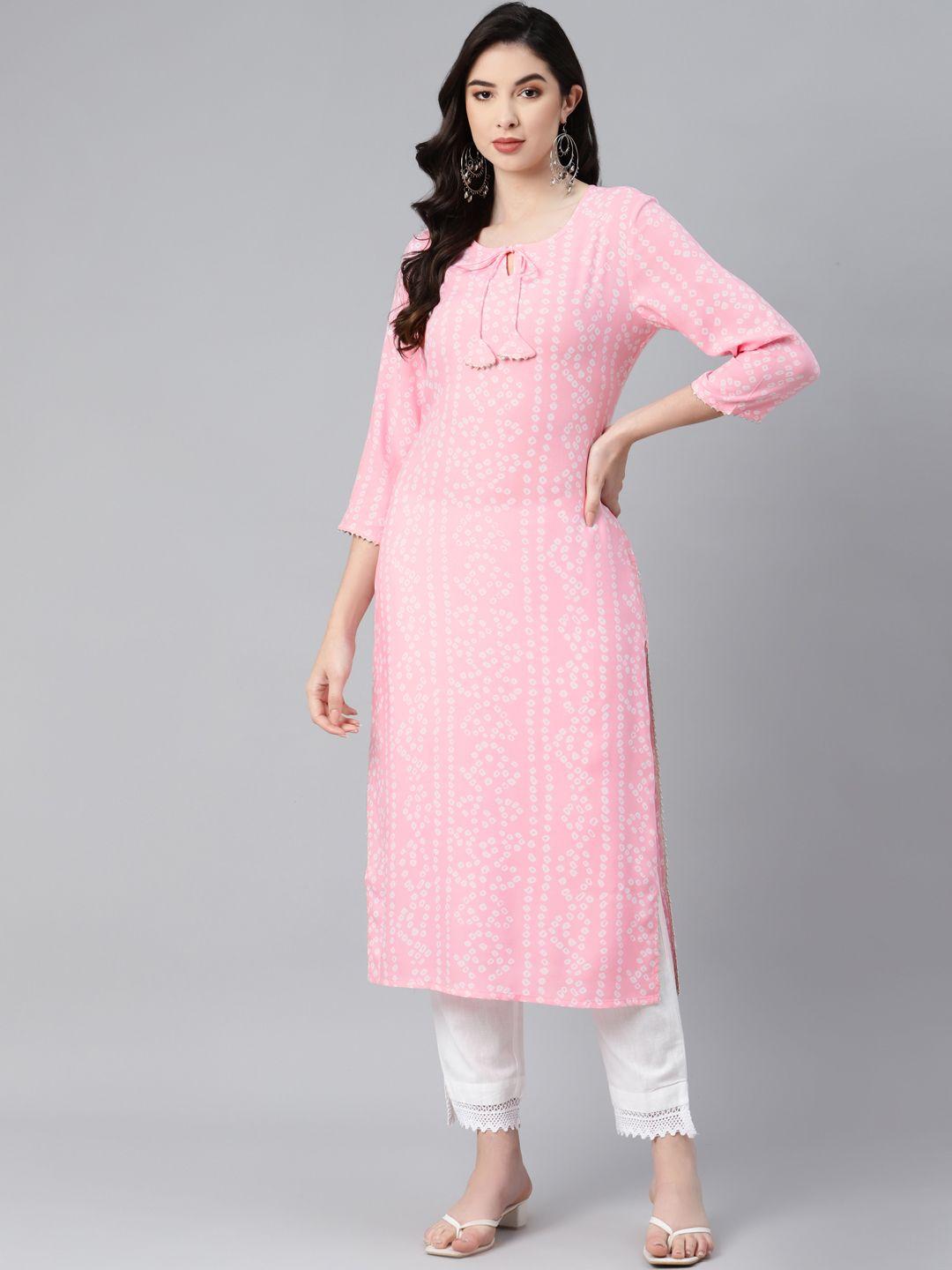 piroh women pink & white bandhani printed gotta patti kurta