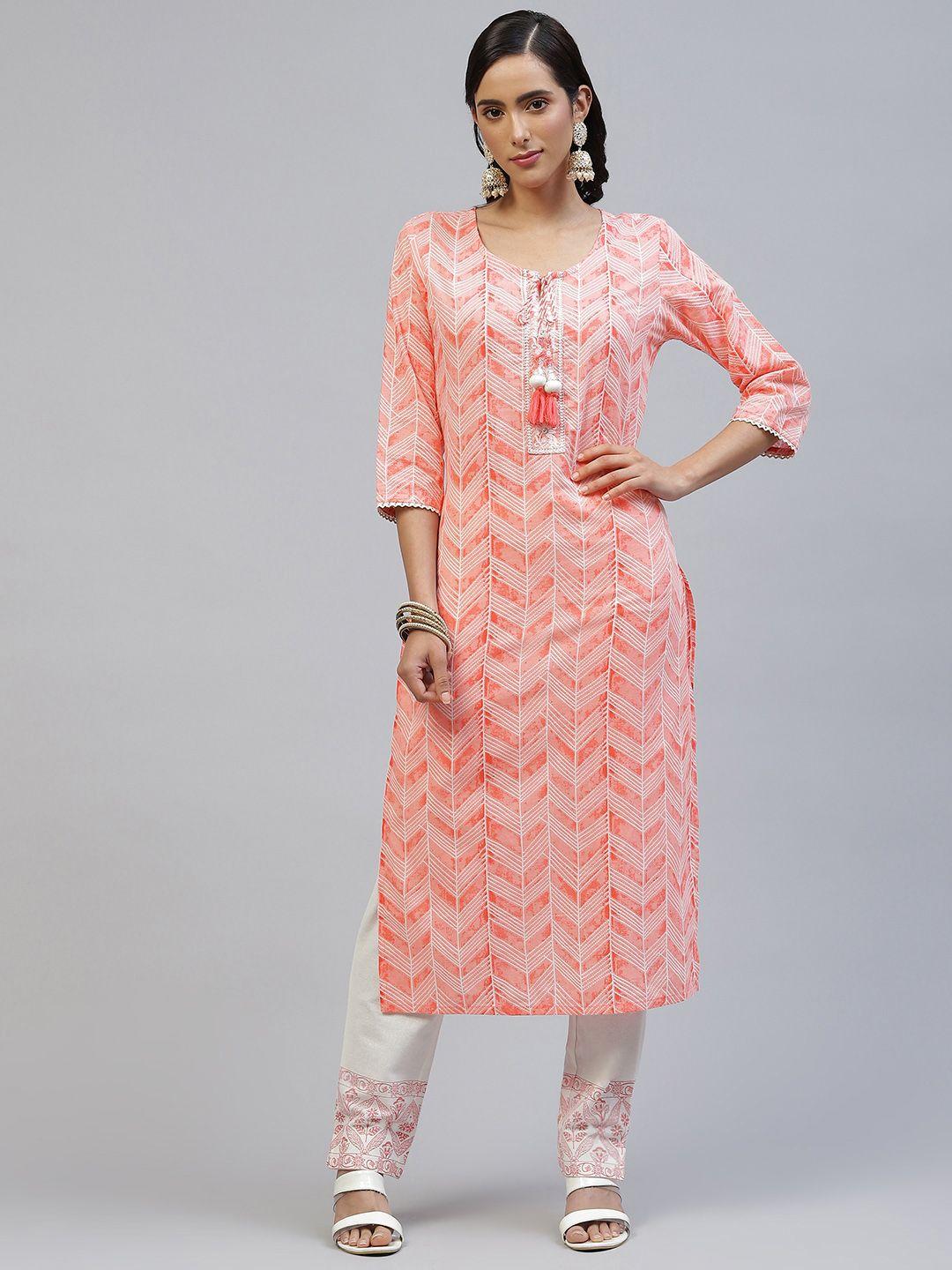 piroh women pink geometric print pure cotton kurta with trousers