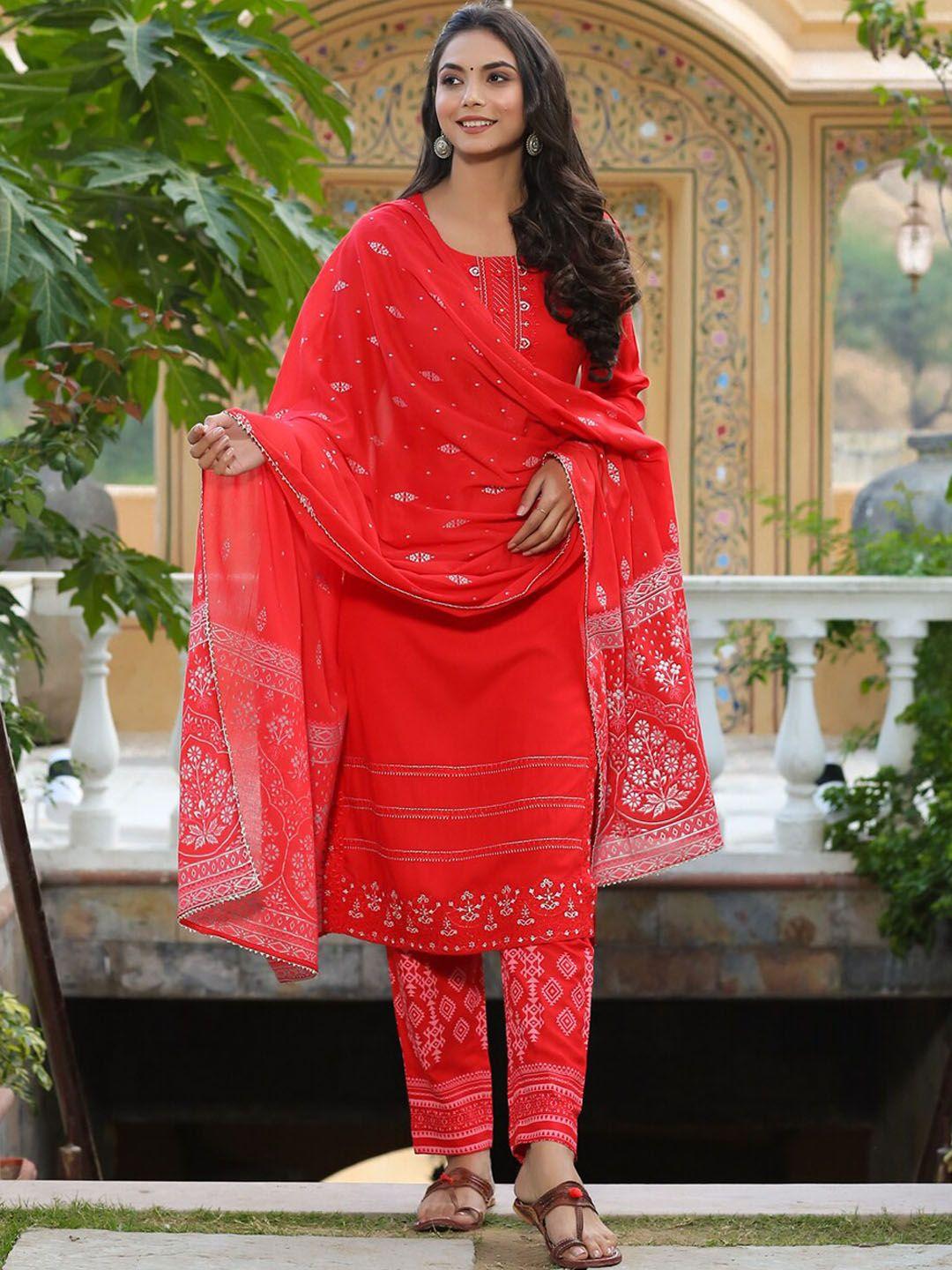 piroh women red floral embroidered kurta with trousers & with dupatta