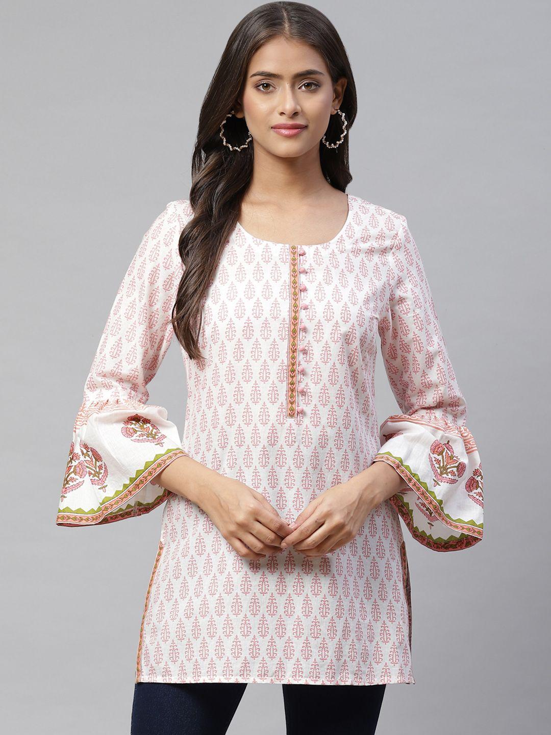 piroh women white & pink ethnic motifs printed pure cotton kurti