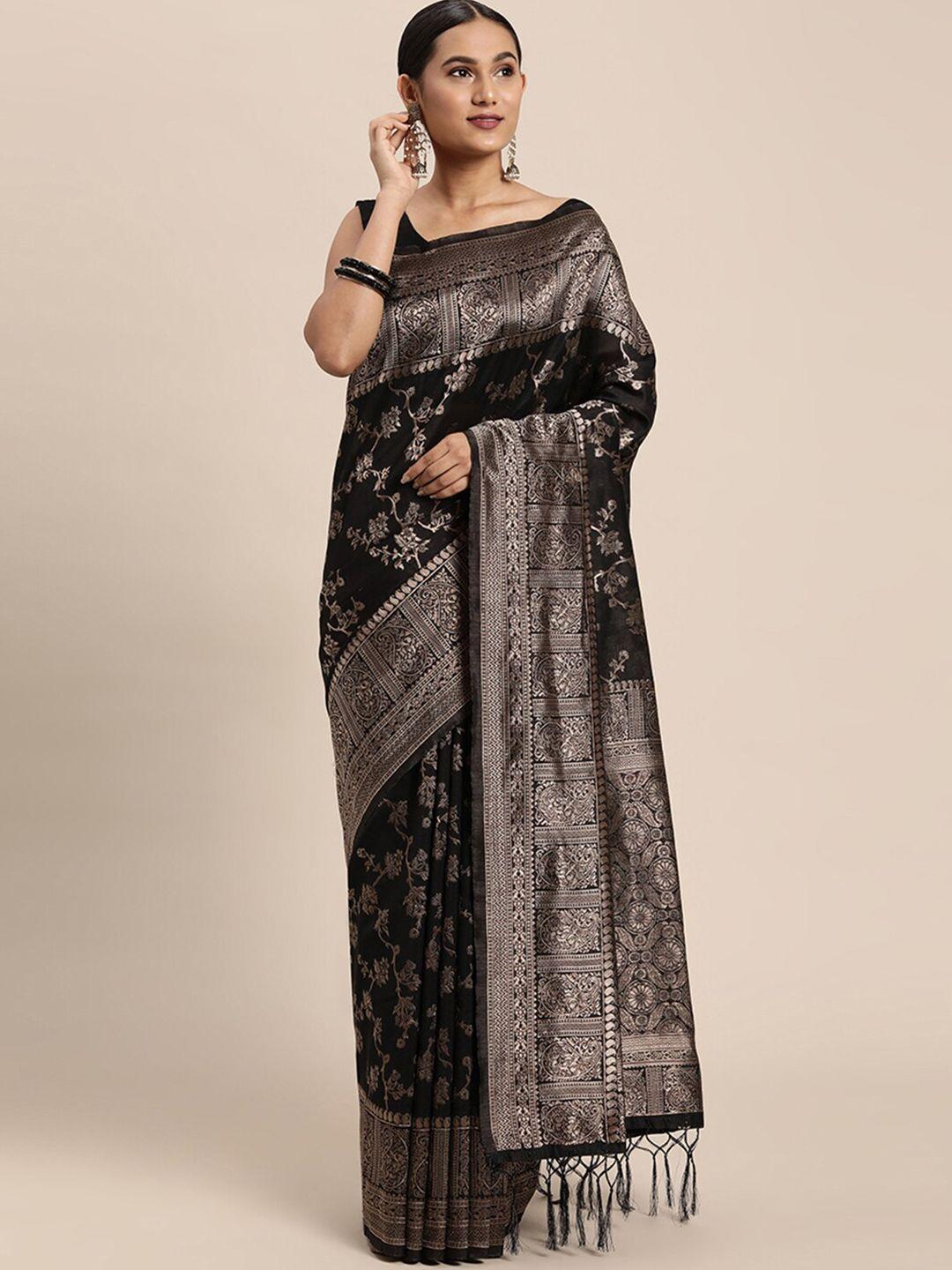 pisara black & gold-toned floral zari silk cotton chanderi saree