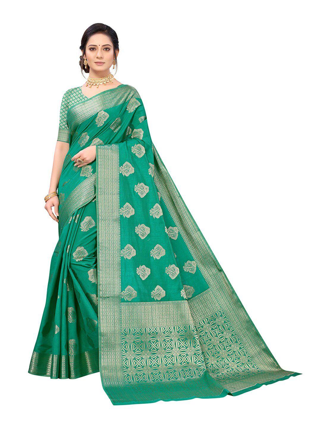 pisara sea green & gold-toned woven design zari silk cotton chanderi saree