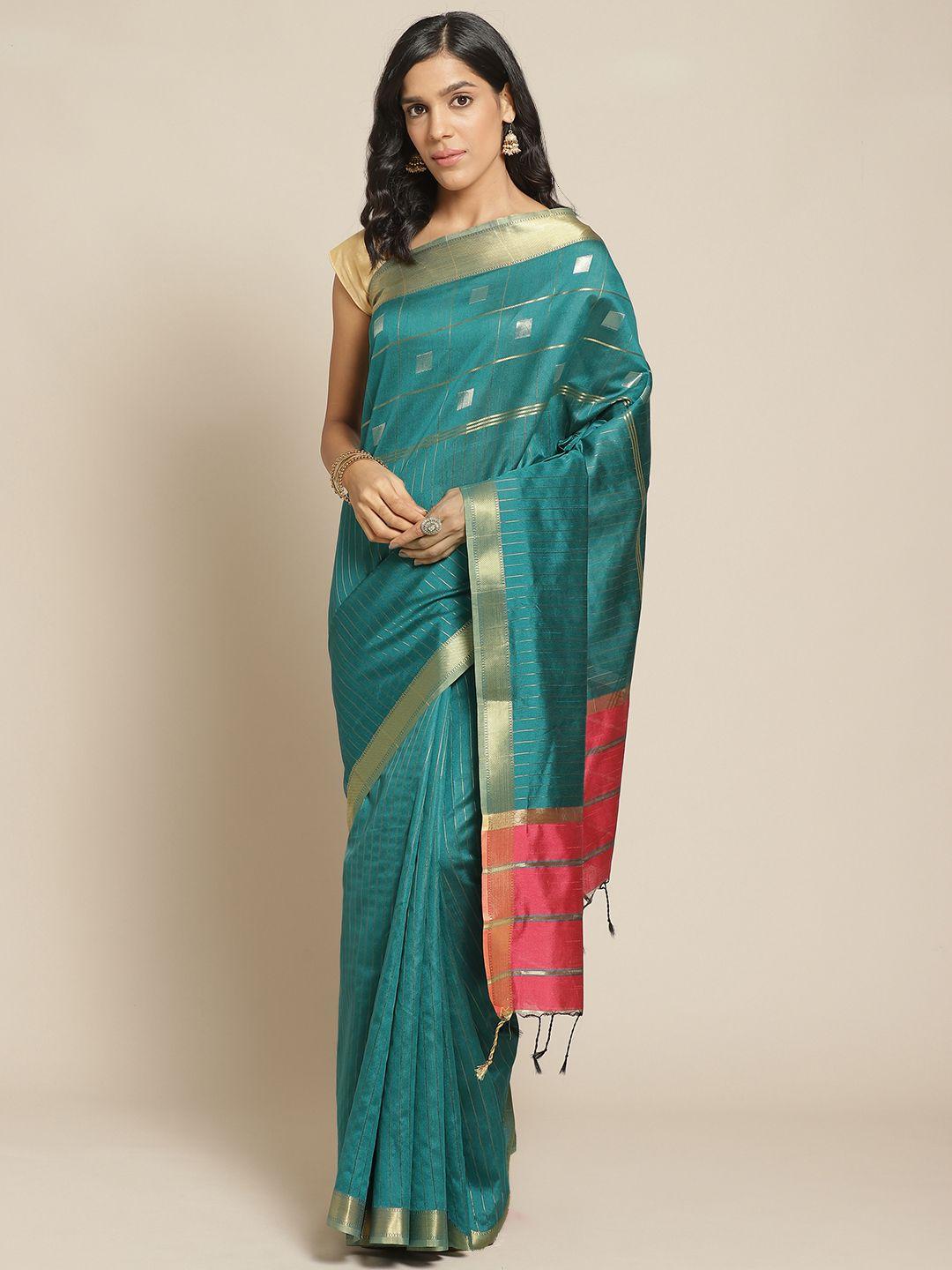 pisara teal blue & golden striped chanderi saree