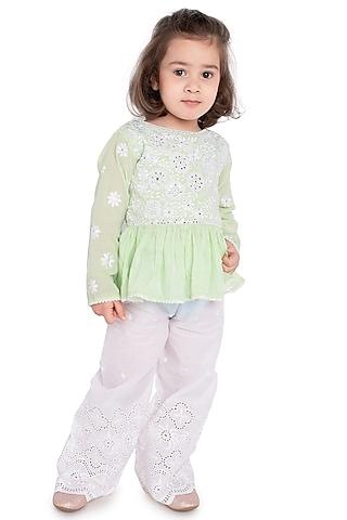 pista green embroidered kurta set for girls