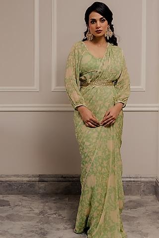 pista green pre-stitched saree set