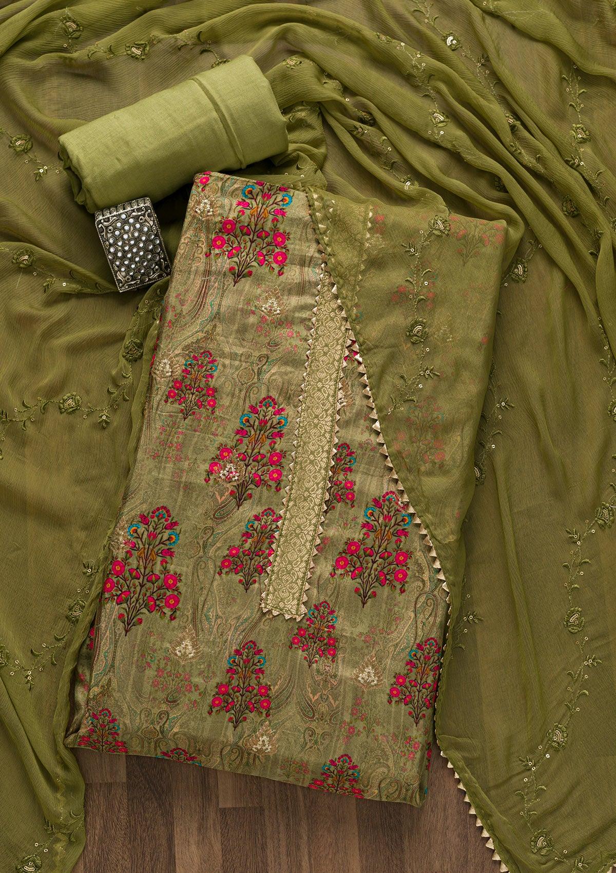 pista green printed semi crepe unstitched salwar suit