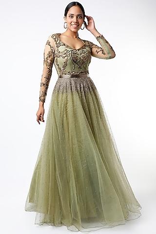 pista green & gold gown with pipe work