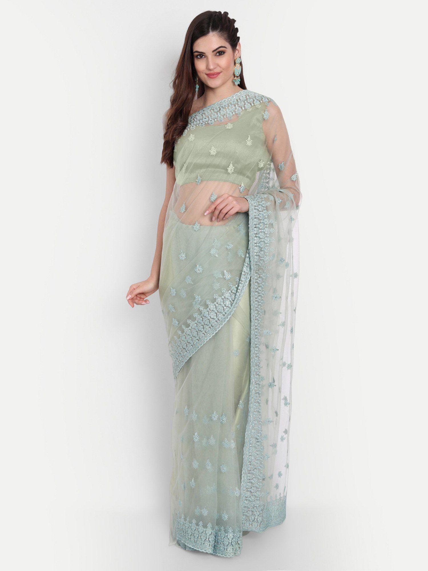 pista green & gold-toned floral embroidered net saree green with unstitched blouse