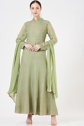 pista green anarkali set with zari work