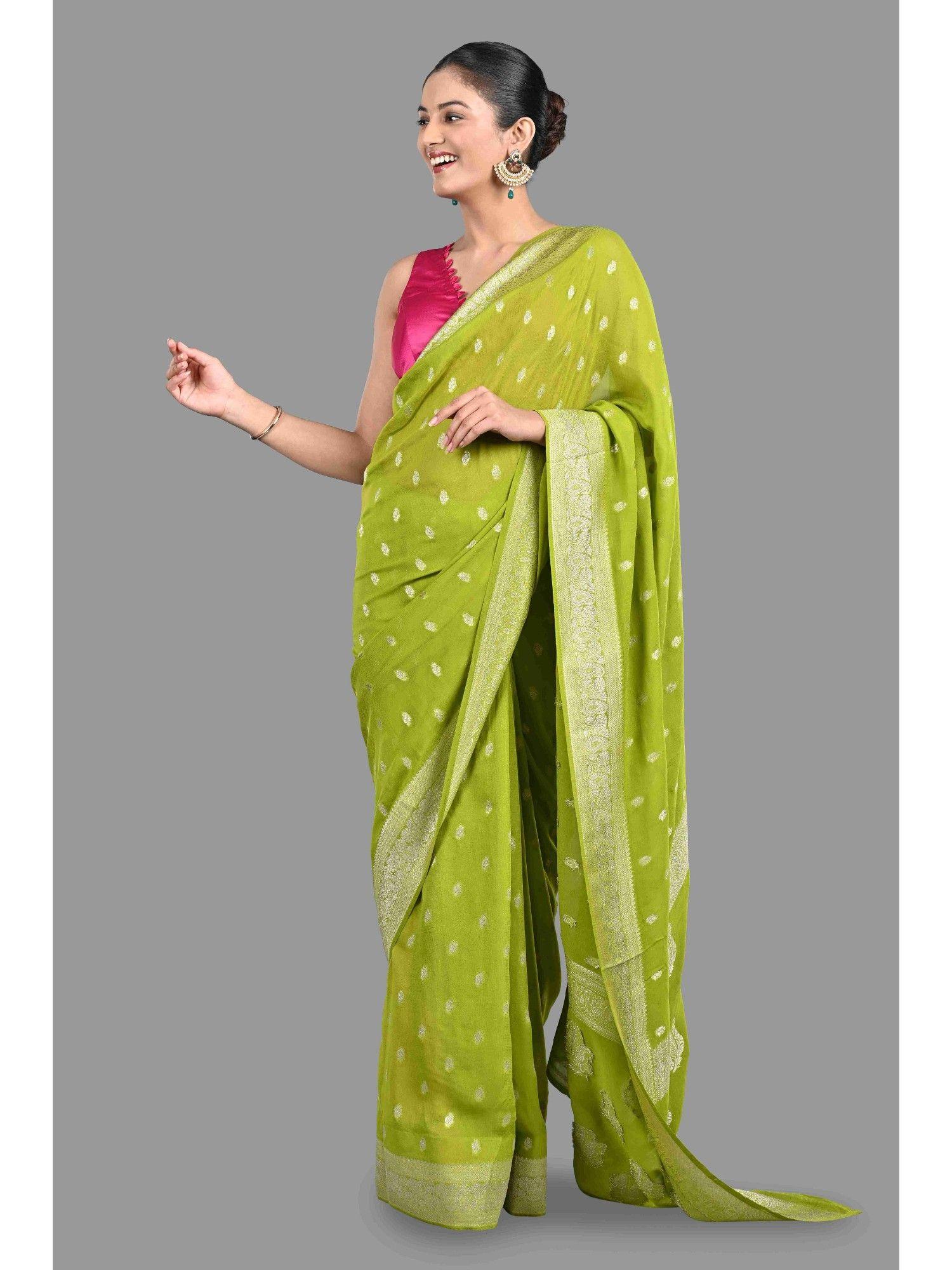 pista green banarasi silk handloom saree with unstitched blouse