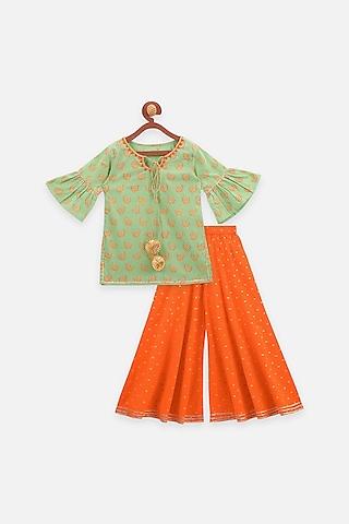 pista green block printed kurta set for girls