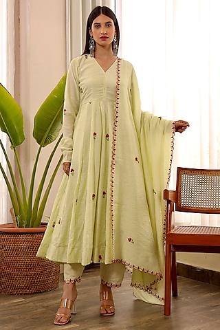 pista green chanderi embroidered anarkali set