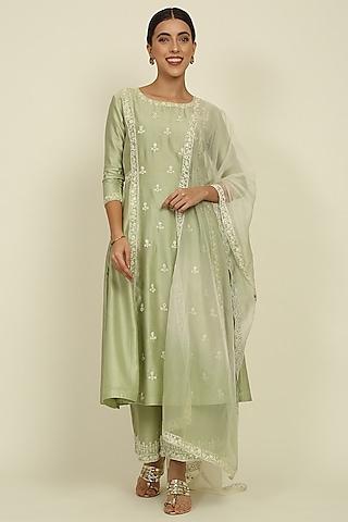 pista green chanderi embroidered kurta set