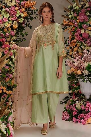 pista green chanderi resham embroidered kurta set