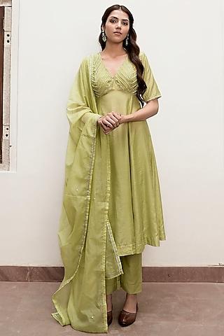 pista green chanderi silk cutdana embroidered a-line kurta set