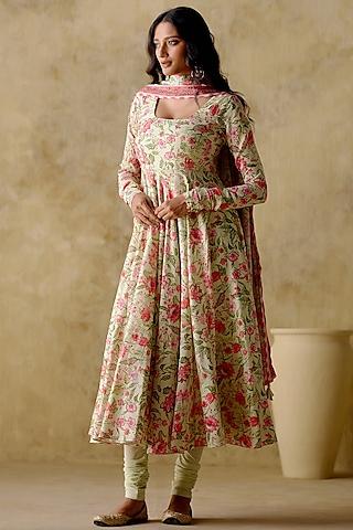 pista green chanderi silk floral printed anarkali set