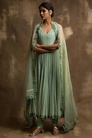 pista green cotton anarkali set