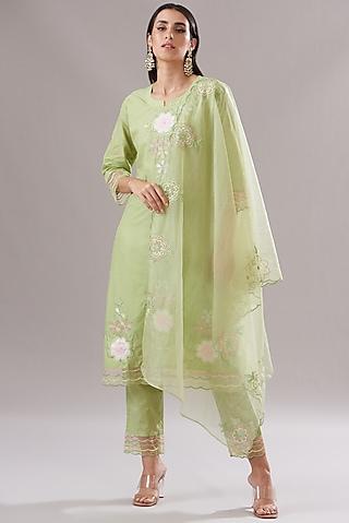 pista green cotton embroidered kurta set