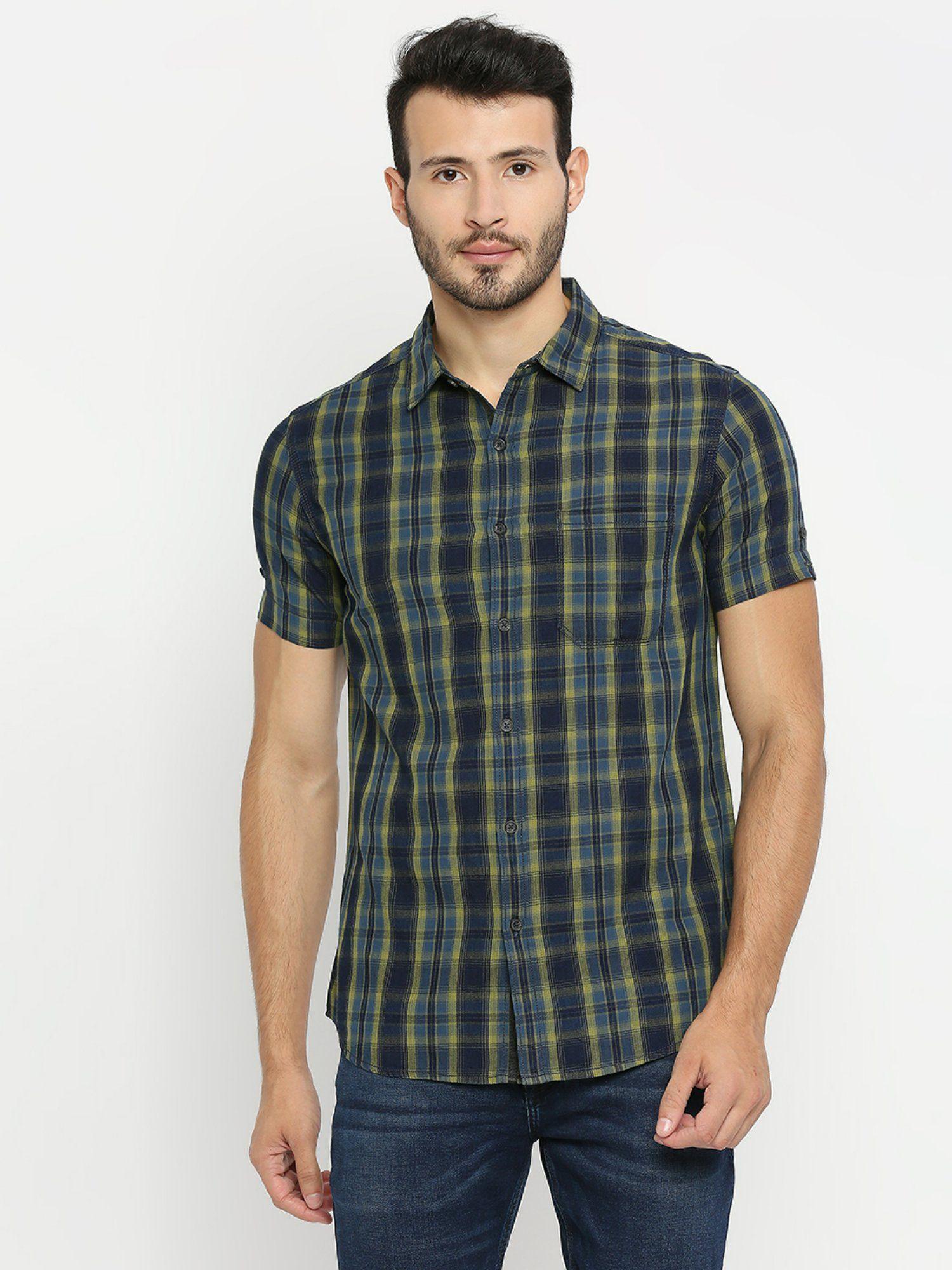 pista green cotton half sleeve checks shirt for men