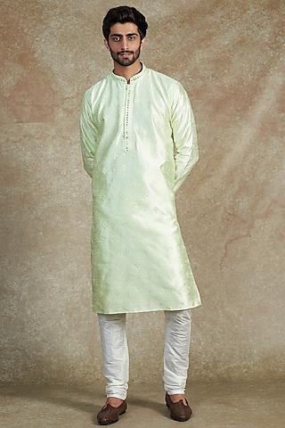 pista green cotton silk embroidered kurta set