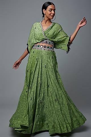 pista green crepe printed & embroidered lehenga set