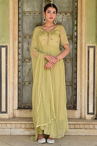 pista green dotted crepe & chiffon sequins embroidered kurta set
