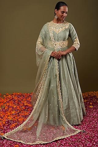 pista green embroidered anarkali set