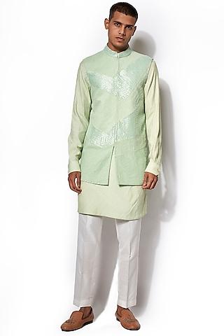 pista green embroidered jacket with kurta set